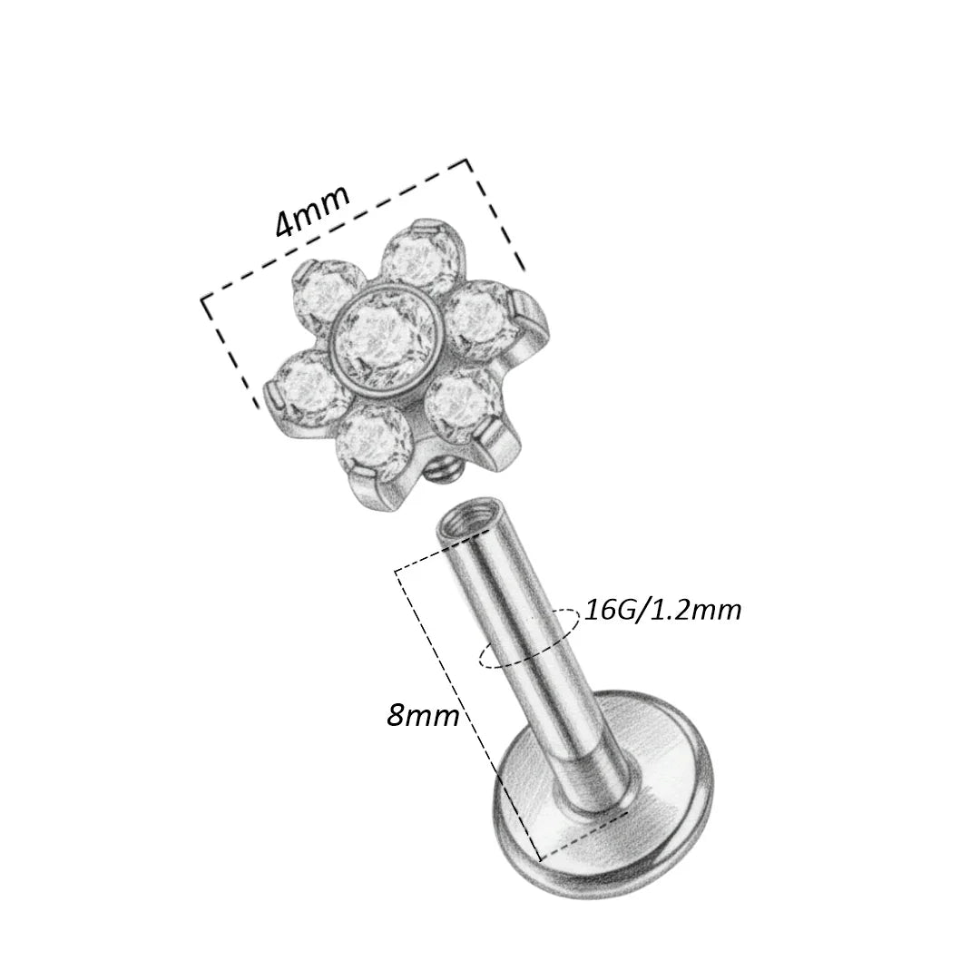 Piercing labret fiore con brillanti in serie In titanio