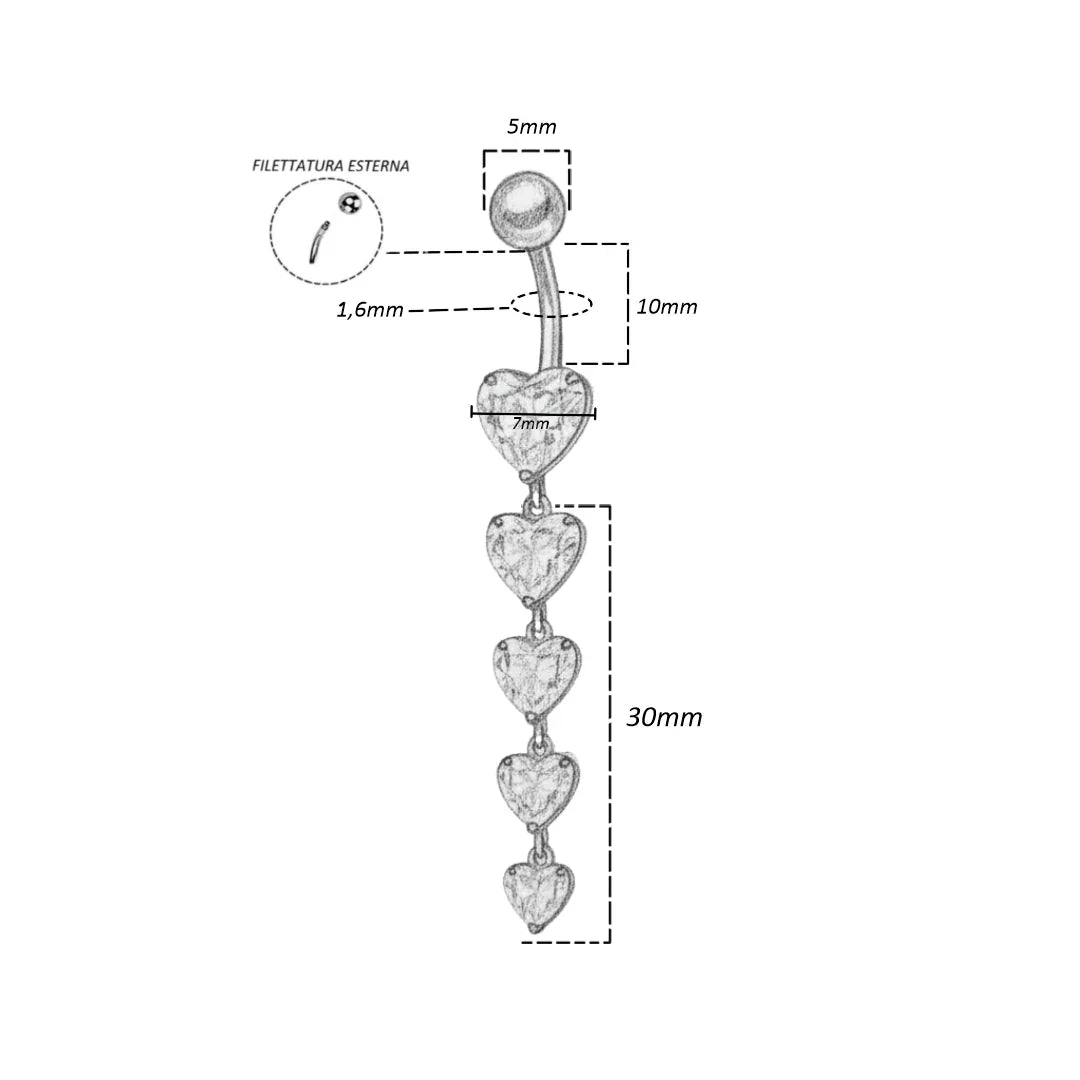 Piercing per ombelico a pendolo con 5 cuori