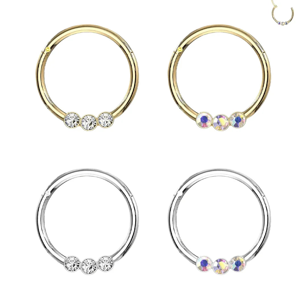 Anello a clicker a 3 brillantini - GIOYAL PIERCING STORE